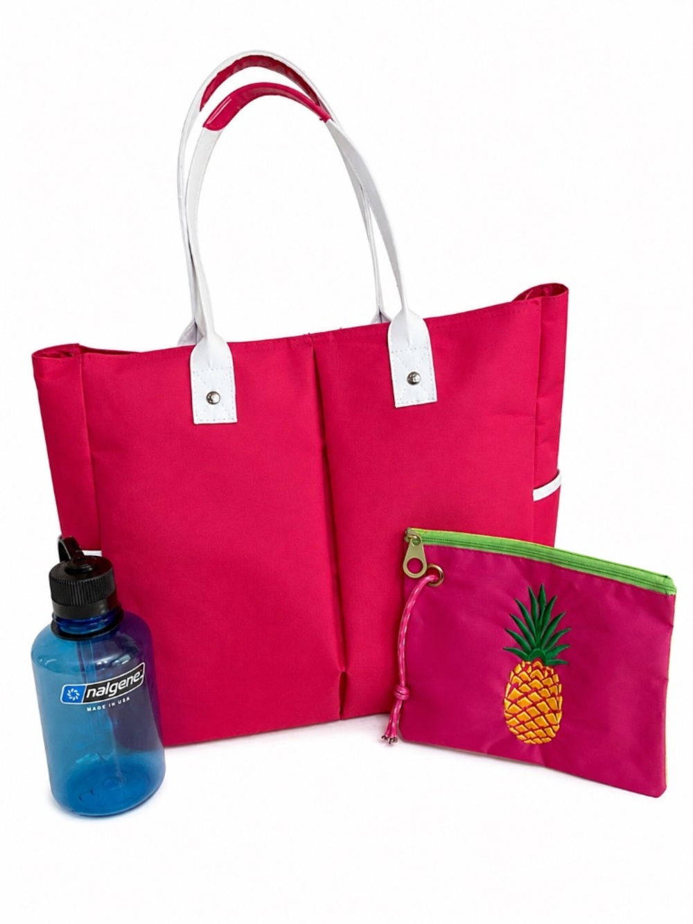 Lancôme Pink Tote Bag with Pineapple Pouch & Nalgene Bottle – 3-Piece Set
